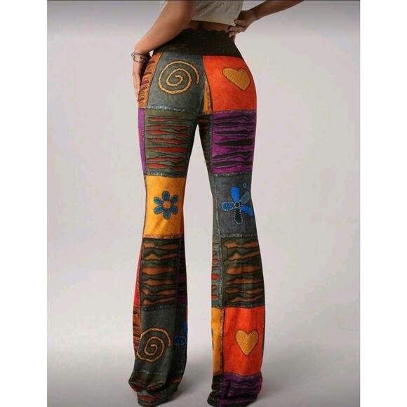 NWT Medium Patchwork Print Pants Lace Waist Stretch Flares - Picture 2 of 7